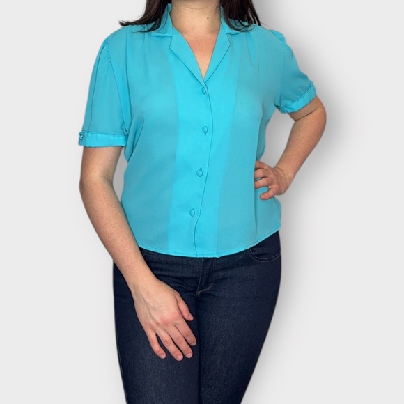 Vintage Late 1970s / Early 1980s “Mariposa” Bright Blue Short Sleeve Button Down - Picture 1 of 7